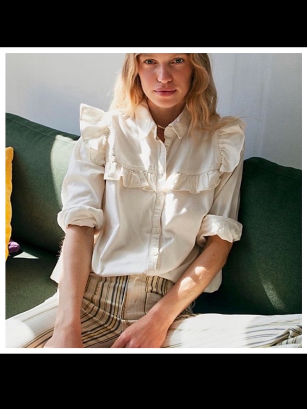 Free People Samantha Ruffle Button Down in Ecru Wash size small
